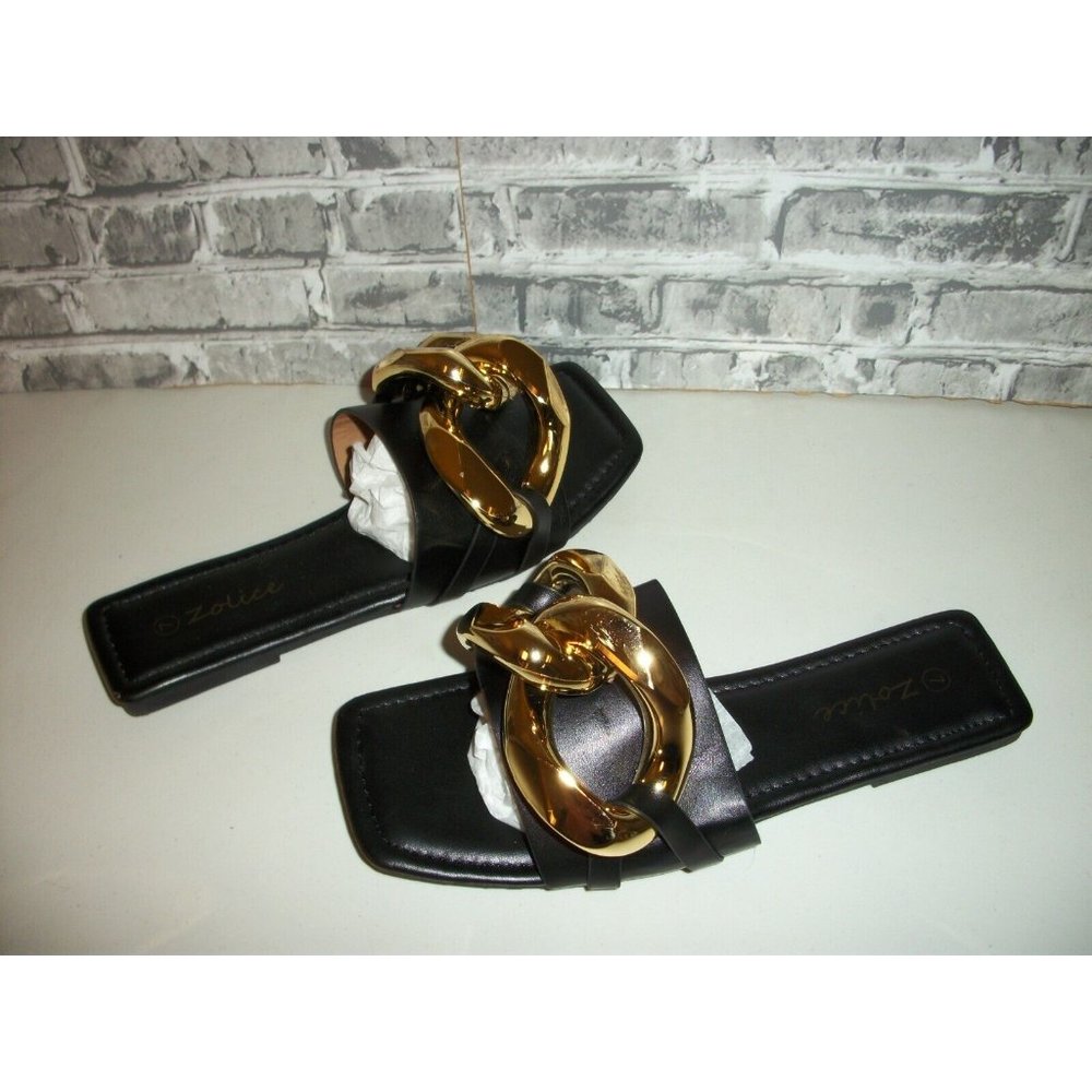 Ladies sz 7.5 Summer Slippers Open Toe Flat Sandals big Metal Chain Slides *NEW*